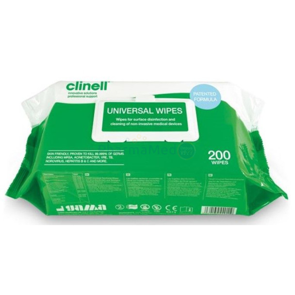 CLINELL lingettes désinf. sans alcool - 20x26.5cm - 200pc