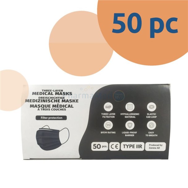 Masques chirurg. noirs Type IIR Adulte (50pc)
